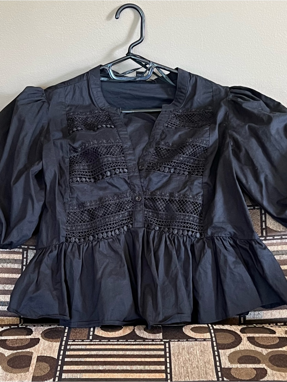 Black Lace-Trim Peplum Blouse with Puff Sleeves